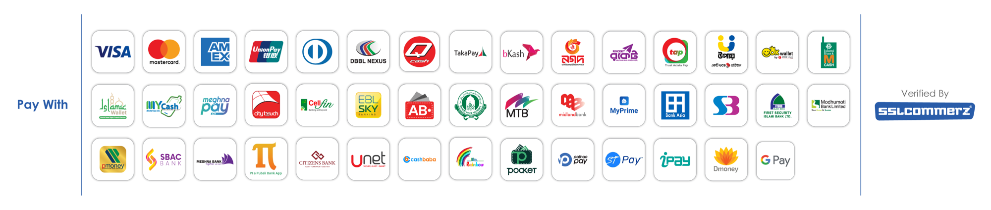 Pay with Visa, Mastercard, American Express, bKash, Nagad, Rocket, Upay and other Bangladeshi banks and wallets — verified by SSLCommerz